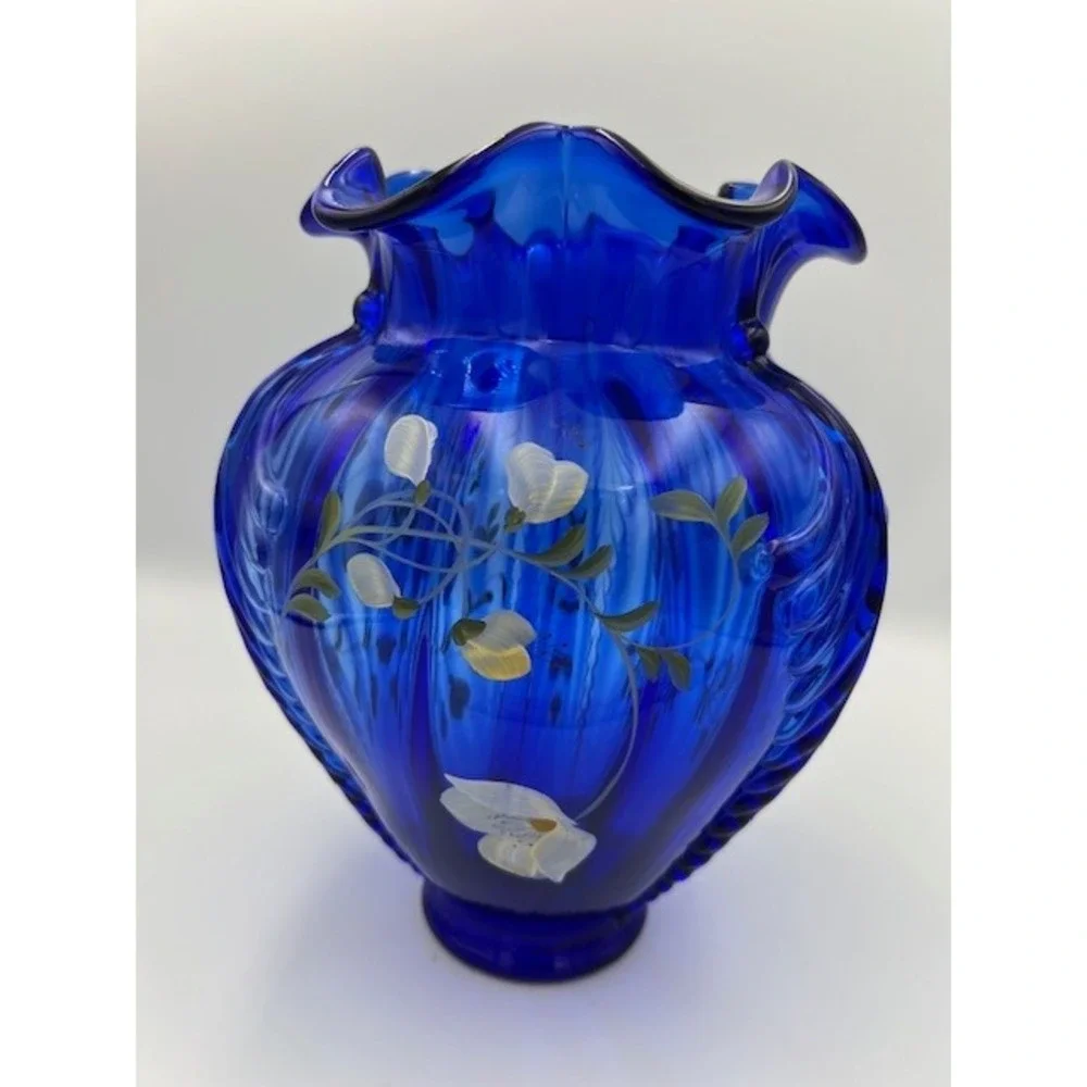 Fenton Cobalt Blue Hand Painted Floral Ruffled Glass Shelley Fenton 1995 #641